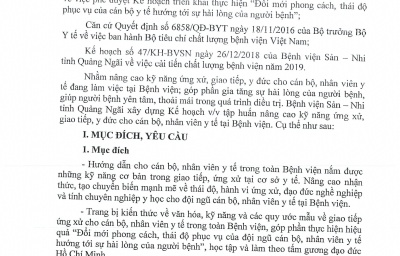 Kế hoạch V/v tập huấn nâng cao kỹ năng ứng xử, giao tiếp, y đức cho cán bộ, nhân viên y tế tại Bệnh viện Sản Nhi Tỉnh Quảng Ngãi năm 2019